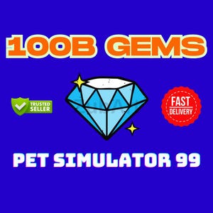 Può includere: Grafica blu con il testo "100B GEMS" in arancione, un'illustrazione di diamante e le parole "PET SIMULATOR 99". Include un badge "Venditore di fiducia" e un sigillo "Consegna veloce".