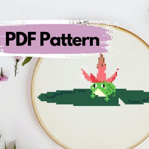 Frog with Flower Hat on Lily pad, Cross Stitch Pattern pdf, instant download, funny, cute pattern, easy, quirky, animal cross stitch pattern