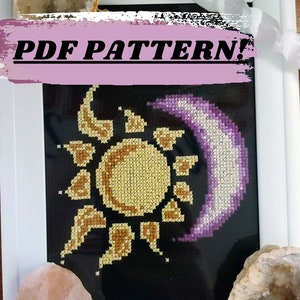 Sun and Moon Cross Stitch Pattern | Moon and Sun Cross Stitch chart pdf |Boho cross stitch, mystical and celestial, beautiful and pretty PDF