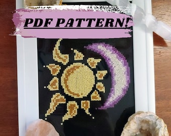 May include: A framed cross-stitch design featuring a yellow sun and a purple crescent moon on a black background. The text "PDF PATTERN!" is written in white on a pink background above the frame.