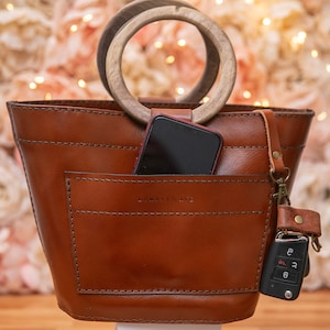 Leather Bucket Bag with English Walnut handles