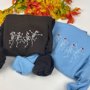 Embroidered Christmas  Crewneck- Christmas Crewneck Dancing Skeleton Sweatshirts- Embroidered Crewneck  Holiday Clothing