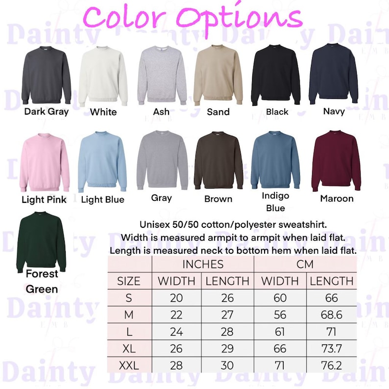 May include: A chart showing different color options for a unisex sweatshirt. The chart includes 12 color options, a size chart, and measurements in inches and centimeters. The sweatshirt is made of 50/50 cotton/polyester.