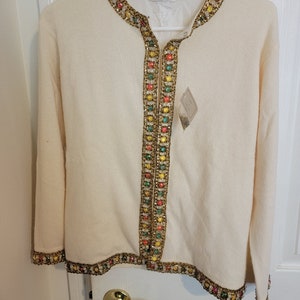 Vintage 1950s Beaded Cashmere Sweater Cardigan / Soft White Beads image 1