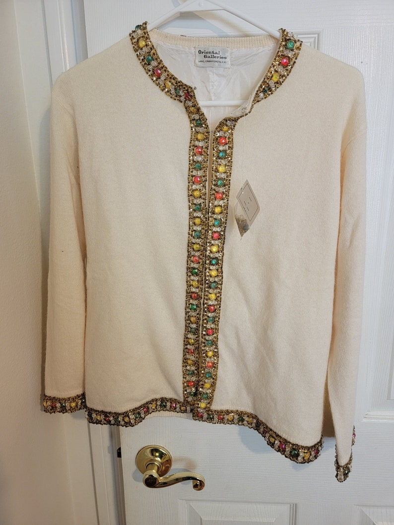 Vintage 1950s Beaded Cashmere Sweater Cardigan / Soft White Beads image 1