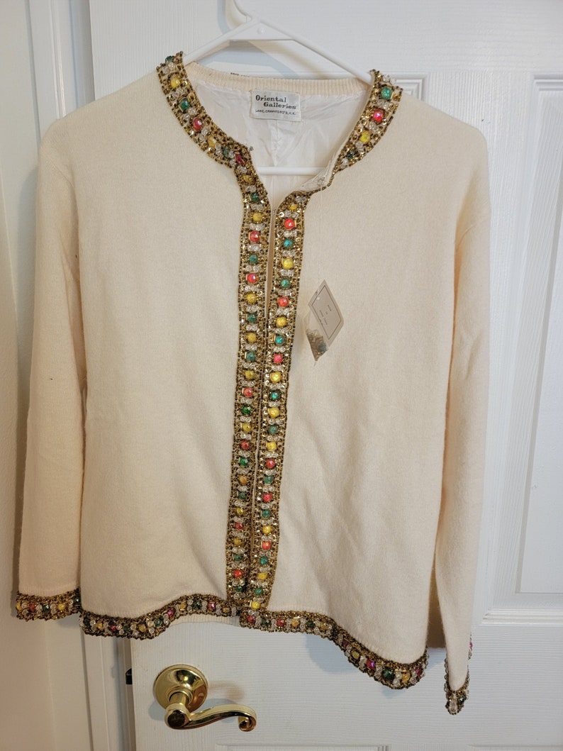 Vintage 1950s Beaded Cashmere Sweater Cardigan / Soft White Beads image 2