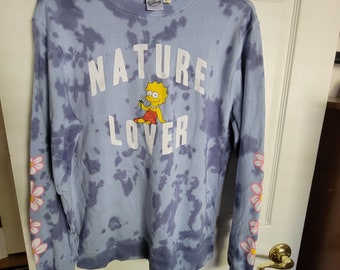 Women's Lisa Simpson " Nature Lover" Graphic Sweatshirt - Blue Tie-Dye Size Med