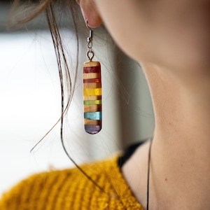 Handcrafted Rainbow Pine Wood Earring - Colorful Epoxy Resin Jewelry