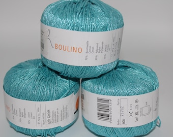 May include: Three skeins of teal blue yarn with a white label that reads "BOULINO" and lists the yarn composition: 70% Baumwolle (Cotton), 20% Polyamid (Nylon), 10% Leinen (Linen).