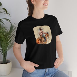 Watercolor Style Western Themed Country Cowboy Riding Horse Unisex Jersey Short Sleeve Tee