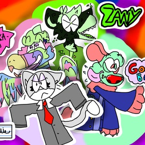 May include: A colorful illustration of four cartoon characters. The characters are a gray cat with a red tie, a green bird with pink and blue wings, a green monster with a black and white pattern, and a green creature with a pink nose and blue scarf. The characters are surrounded by colorful speech bubbles with the words "Waka-Doo", "Zany", "Goof Ball", and "Mellie".