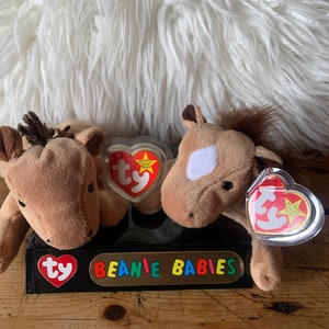 Könnte beinhalten: Zwei braune und weiße Beanie Baby Pferde mit Ty-Etiketten. Die Pferde sitzen auf einem schwarzen Präsentationsständer mit der Aufschrift "Ty Beanie Babies" in Regenbogenfarben.