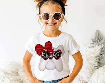 Girls Bulldog Game Day Shirt, Bulldog With Heart Shaped Glasses and Bow, Bulldog Mascot