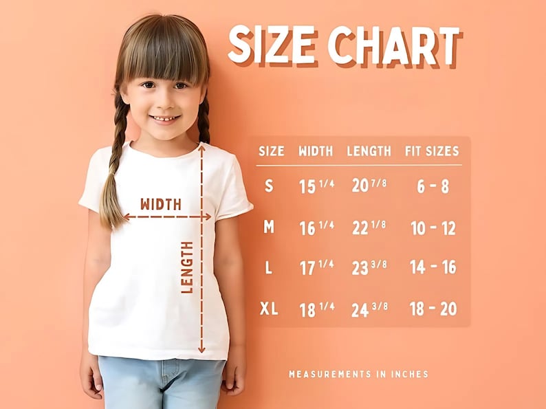 May include: Size chart for a white t-shirt with measurements in inches. The chart shows the width and length of the shirt in inches for sizes S, M, L, and XL. The chart also shows the corresponding fit sizes for each size.