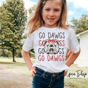 Go Dawgs, Game Day Tshirt, Kids Football Shirt, Girls Football Shirts, Go Bulldogs, Mascot With Bow, Children's Clothing, Football Time