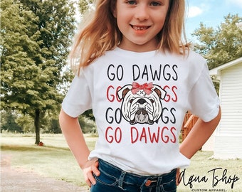 Go Dawgs, Game Day Tshirt, Kids Football Shirt, Girls Football Shirts, Go Bulldogs, Mascot With Bow, Children's Clothing, Football Time