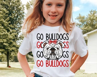 Go Bulldogs, Game Day Tshirt, Kids Football Shirt, Girls Football Shirts, Go Bulldogs, Mascot With Bow, Children's Clothing, Football Time