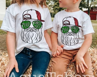 Santa With Shades Kids Christmas Tshirt, Santa Baby Christmas, Children's Christmas Day Tshirt, Merry Christmas, Santa Hat And Glasses Shirt