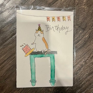 Hand-Painted Funny Cat Birthday Card/ Greeting Card Watercolor