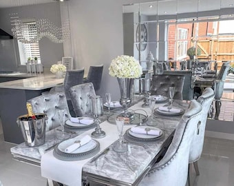 Light Grey Marble Dining Table Set with 6 Cream Velvet Chairs