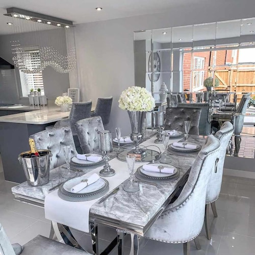 Light Grey Marble Dining Table Set With 6 Cream Velvet Chairs Etsy