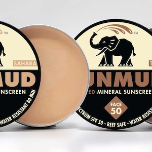 SUNMUD Brand Mineral Sunscreen SPF 50, Broad Spectrum, Non-nano Zinc, Reef Safe, Eco-friendly, Water Resistant, Tinted Organic in Travel Tin