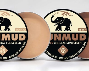 SUNMUD Brand Mineral Sunscreen SPF 50, Broad Spectrum, Non-nano Zinc, Reef Safe, Eco-friendly, Water Resistant, Tinted Organic in Travel Tin