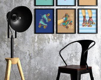 Retro Roller Skate Print Set: 6 Vintage Skater Art Posters (Digital Download PSD File)