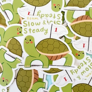 May include: A collection of stickers featuring a cartoon turtle with the text "Team Slow & Steady Wins" and a checkered flag. The turtle is green with a brown shell and is holding a flag with the number "1" on it.