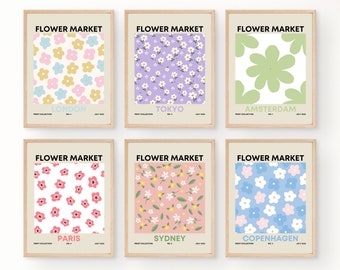 Flower Market Set of 6 Prints, Botanical Poster, Flower Market Wall Set, Botanical Wall Art, Flower Market Print, Digital Art Print Set