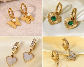 Beautiful 18K Gold Plated Tarnish Free Stainless Steel Earrings Butterfly Heart Pearl COMES WITH BOX