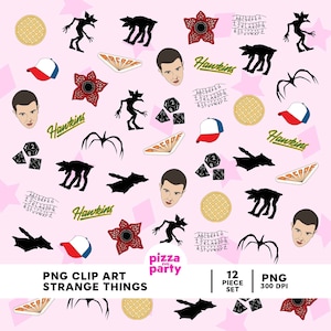 Puede incluir: Un fondo rosa con un patrón repetido de varias imágenes del programa Stranger Things. Las imágenes incluyen al Demogorgon, Eleven, el Mundo del Revés y el logotipo de Hawkins. El texto "pizza party" está en el centro de la imagen.
