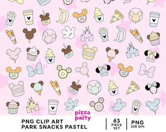 May include: A set of 63 pastel-colored clip art images featuring various snacks and items found at a theme park. The images include Mickey Mouse ears, popcorn buckets, ice cream cones, cupcakes, and more.
