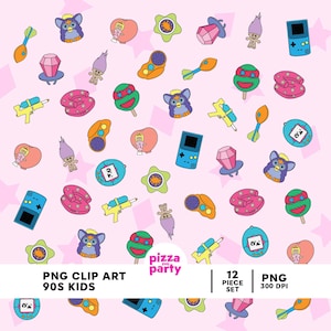May include: A digital clip art set of 12 images featuring popular 90s toys and items. The images are in a cartoon style and include a pink and purple Furby, a blue Game Boy, a green Teenage Mutant Ninja Turtle, a pink troll doll, a blue and pink Tamagotchi, a pink and blue heart, a blue and pink flying saucer, a yellow and orange star, a blue and pink diamond ring, a yellow and orange water gun, a blue and pink dart, and a blue and pink inflatable ring.