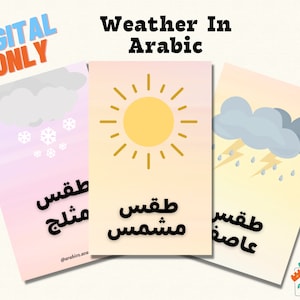 May include: Three illustrated cards with weather icons and Arabic text. The first card shows a snowy sky with the Arabic text "طَقْسٌ مُتَجَمِّدٌ". The second card shows a bright yellow sun with the Arabic text "طَقْسٌ مُشْمِسٌ". The third card shows a stormy sky with lightning and rain with the Arabic text "طَقْسٌ عَاصِفٌ".