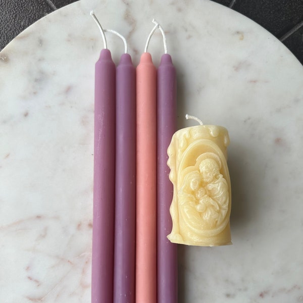 Beeswax Advent Wreath Candles with White Holy Family Pure Beeswax Candle