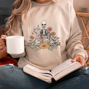 Halloween Skeleton Sweatshirt, Fall Wildflower Crewneck, Yoga Skeleton, Floral Fall Apparel, Spooky Sweatshirt