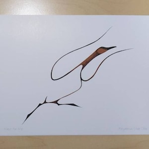 May include: A black and brown line drawing of a bird in flight. The drawing is on a white background. The artist's signature is in the bottom right corner.