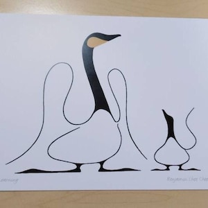 May include: A white rectangular print featuring a minimalist black line drawing of a large goose and a smaller gosling. The larger goose has a tan patch on its head. The text "Learning" is in the bottom left and "Benjamin Chee Chee" is in the bottom right.