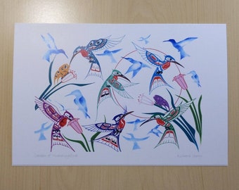 Garden of Hummingbirds by Richard Shorty Northern Tutchone Artist 6"x9" Art Card