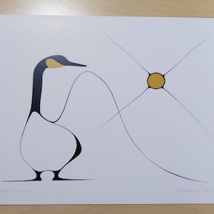 May include: A black and white stylized illustration of a goose with a yellow beak and a yellow circle in the background. The goose is looking to the right and has a curved neck. The background has four black lines that intersect in the middle.
