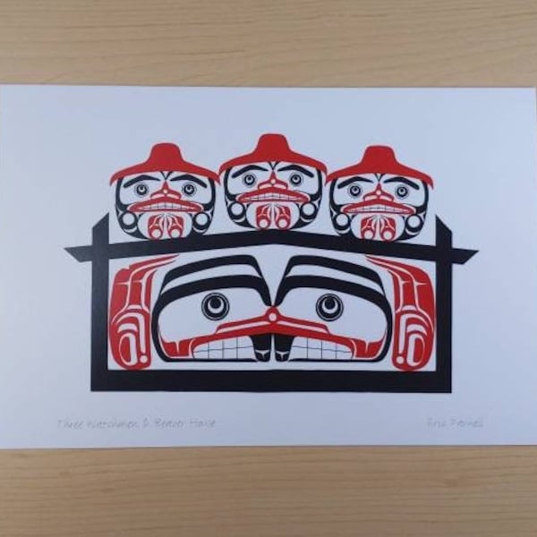 Three Watchmen and Beaver House by Eric Parnell Haida Artist 6"x9" Art Card