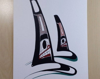 Orcas by Danny Dennis Tsimshian Artist 6"x9" Art Card