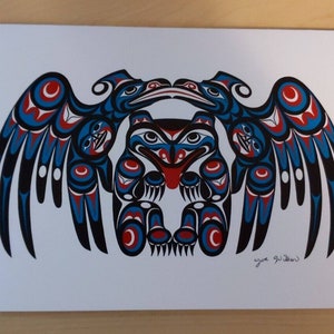 Ein Bär und zwei Raben von Joe Williams Salish Artist 6 &quot;x 9&quot; Kunstkarte