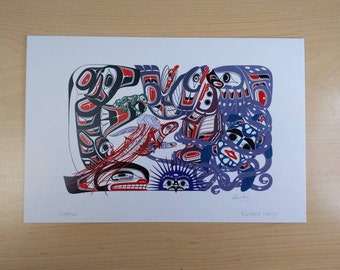 May include: A colorful print of a Native American design featuring a stylized eagle, raven, and other creatures in red, blue, and black. The print is titled "Rainbow Story" and signed by the artist.