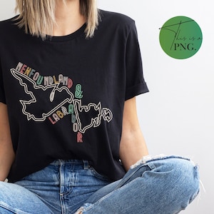 May include: A black t-shirt with a colorful outline of Newfoundland and Labrador, with the text "NEWFOUNDLAND & LABRADOR" written along the outline.