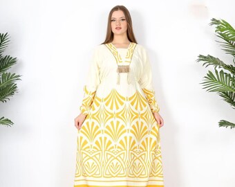 Yellow printed cotton Caftan, Egyptian cotton caftan, maxi dress, comfort wear, home gathering, gifts for her