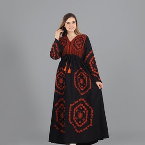 Black Embroidered Kaftan Dress: Egyptian Cotton Long Sleeve Caftan