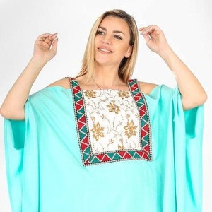 Aqua Embroidered Caftan Dress: Egyptian Cotton Maxi