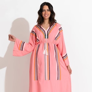 Pink Embroidered Egyptian Cotton Caftan: Boho Comfort Wear